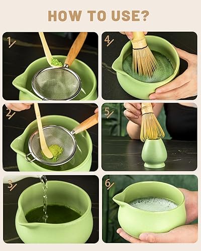 Miniatura 4 de Nucookery Juego de batidores de matcha, juego de 5 piezas de matcha con cuenco de cerámica de 18 onzas (Chawan) con boquilla, batidor de bambú y
