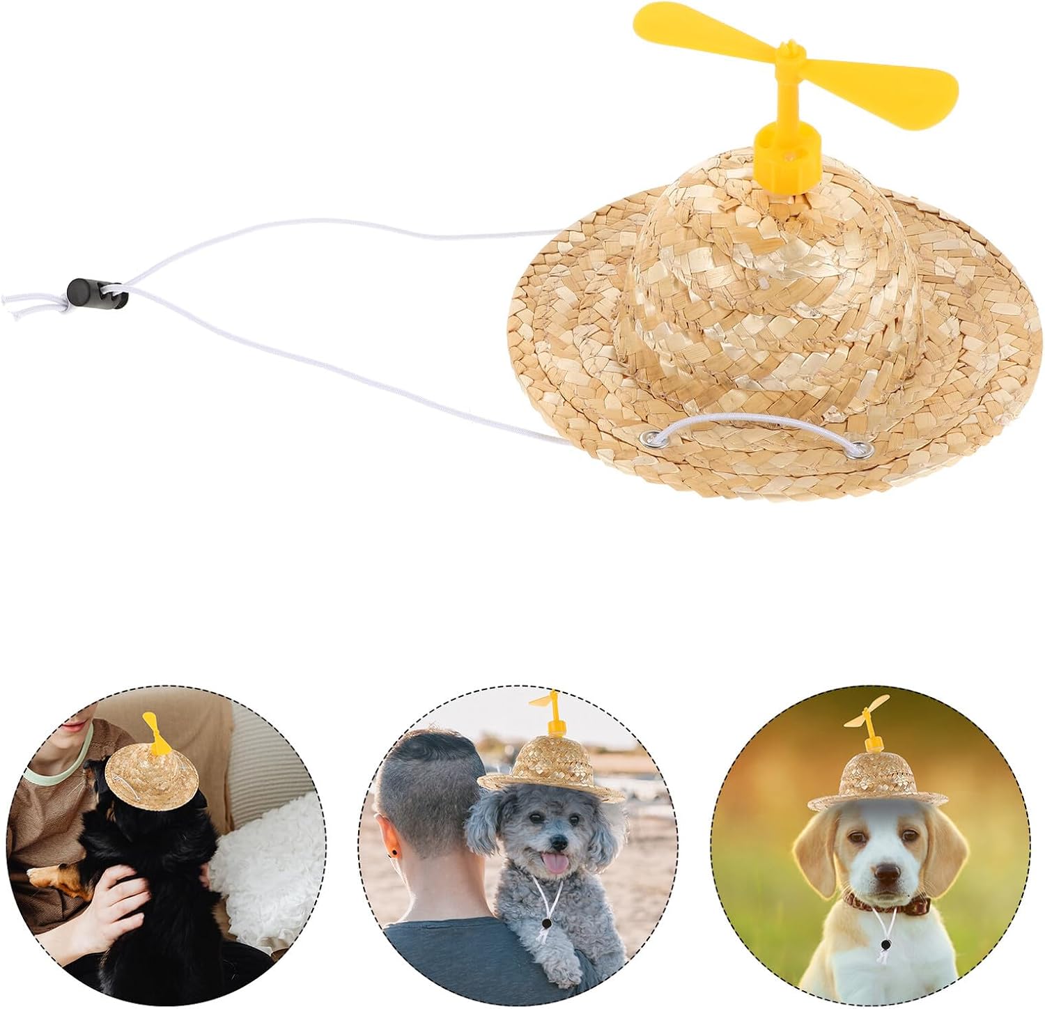 Adjustable Yellow Straw Sun Hat with Propeller for Small Dogs and Cats, Cosplay Pet Hat for Seasons, Breathable Lightweight Material