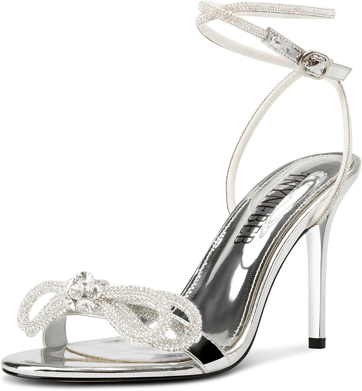 TNYNFBEB Womens Stiletto High Heel Open Toe Sandals Ankle Strap Buckle Rhinestone Crystal Bow-knot Prom Dress Summer 3.9 Inches Heels