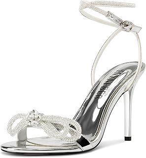 TNYNFBEB Womens Stiletto High Heel Open Toe Sandals Ankle Strap Buckle Rhinestone Crystal Bow-knot Prom Dress Summer 3.9 I...