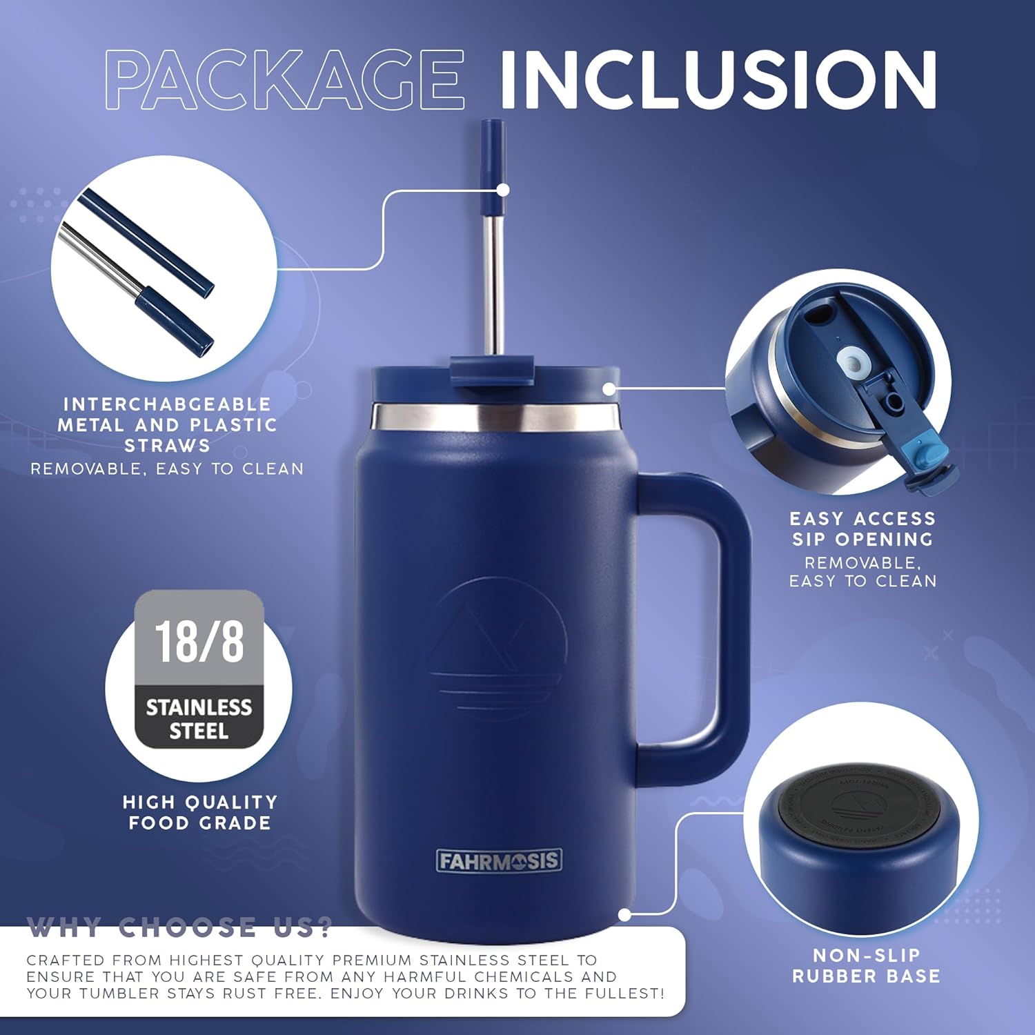 50 Oz Tumbler with Handle and Straw Large Insulated Tumbler Stainless Steel Travel Mug for Hot & Cold Drinks, Reusable Water Bottle with Lids and Straw - Navy Blue - Image 2