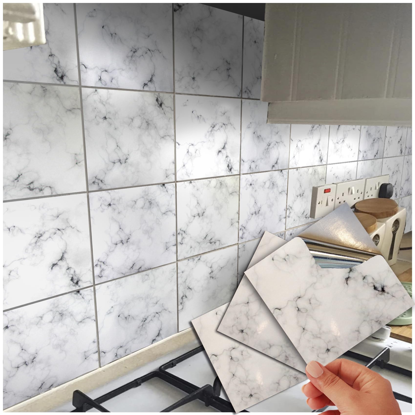 Marble Grey Black Tile Stickers Mosaic Tile Stickers Transfers Cover for 6x6 15x15cm Kitchen Bathroom Stick On Wall Peel N Stick Tile Decals (15x15cm - 1 Sample Sticker)
