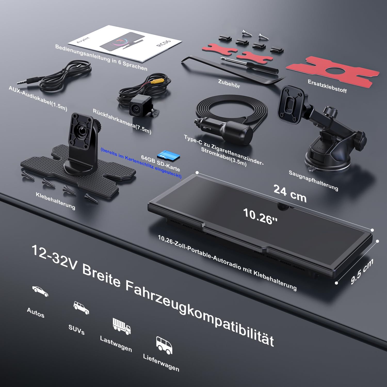 Avylet 9,26" Wireless CarPlay Display für Apple CarPlay & Android Auto | 4K Dashcam mit 1080P IP67 Rückfahrkamera CarPlay, 64GB Karte, OTA-Updates, GPS Navigation, Bluetooth 5.0, Mirror Link, FM/AUX