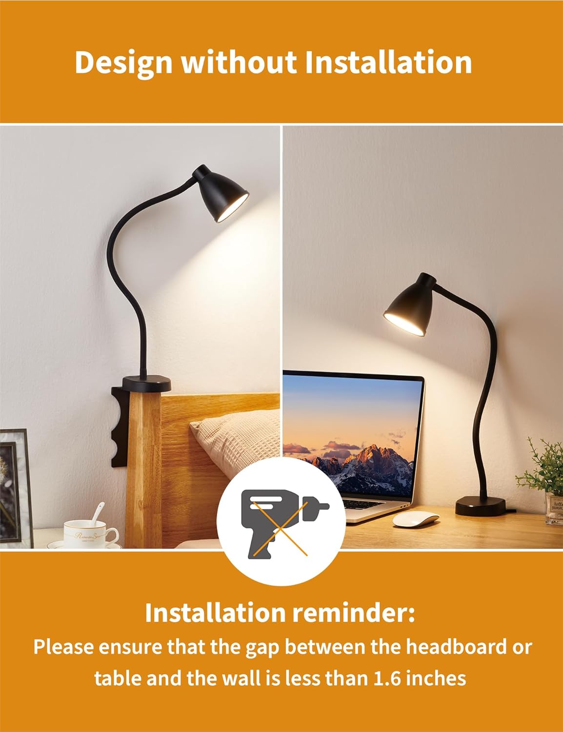 BOHON No Install Bedside Reading Light, Clip-Free Wall Mounted Lamp with 5 Colors & 10 Brightness Levels, Flexible Gooseneck, 30 Min Auto-Off Timer, Bed Lights for Headboard, Bedroom, Dorm (Black)