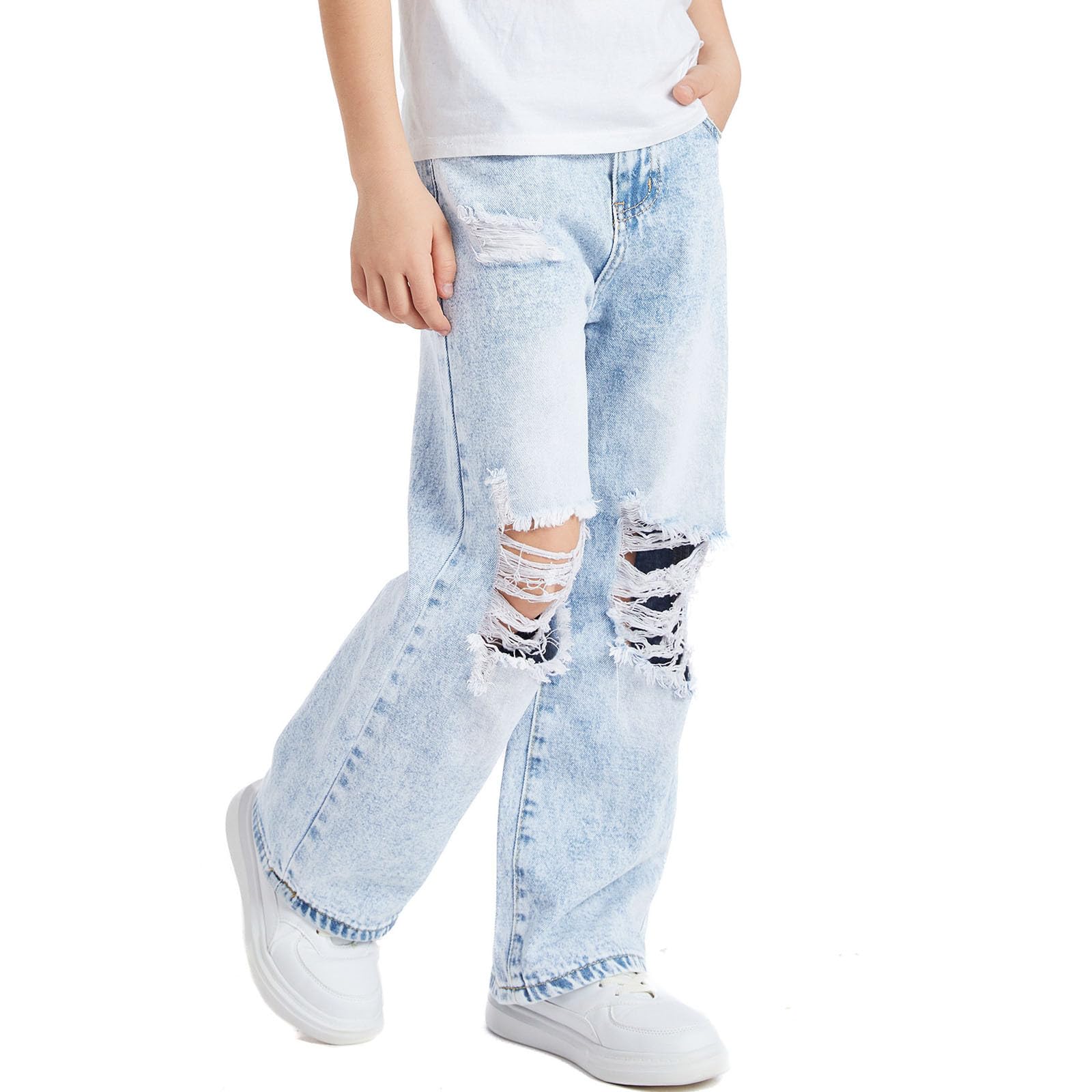 Vaqueros Rotos Niña Niño Cintura Elástica Pantalones Vaqueros Holgado para Niñas y Niños Moda Hip Hop Streetwear Pantalon Vaquero de Perneras Anchas Casual Jeans Rectos Pantalón de Denim 6-13 Años