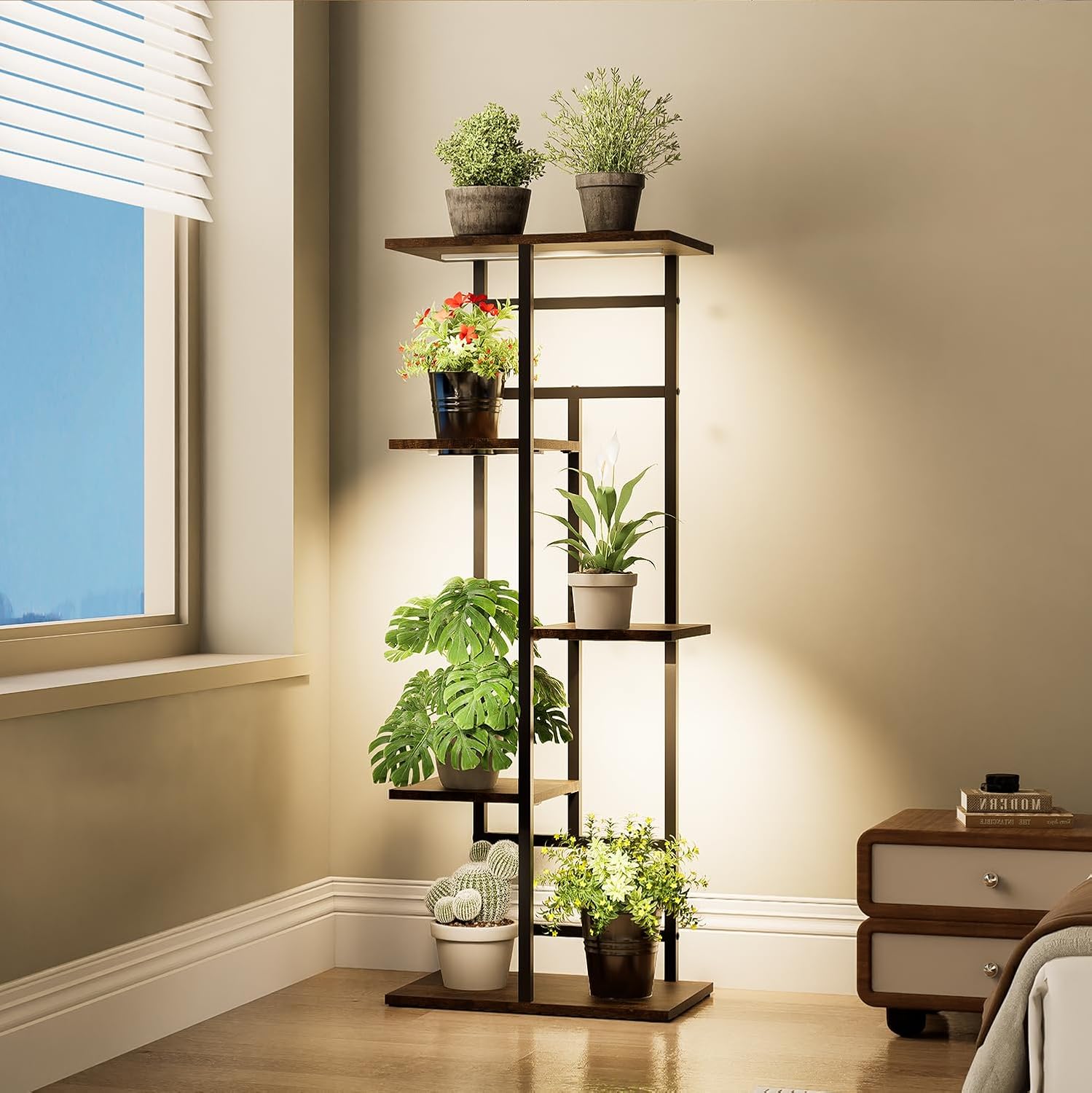 Plant Stand Indoor with Grow Lights, 6-Tiered Tall Plant Stand Metal Metal Corner Large Plant Shelf Display Rack Holder for Patio Living Room Balcony