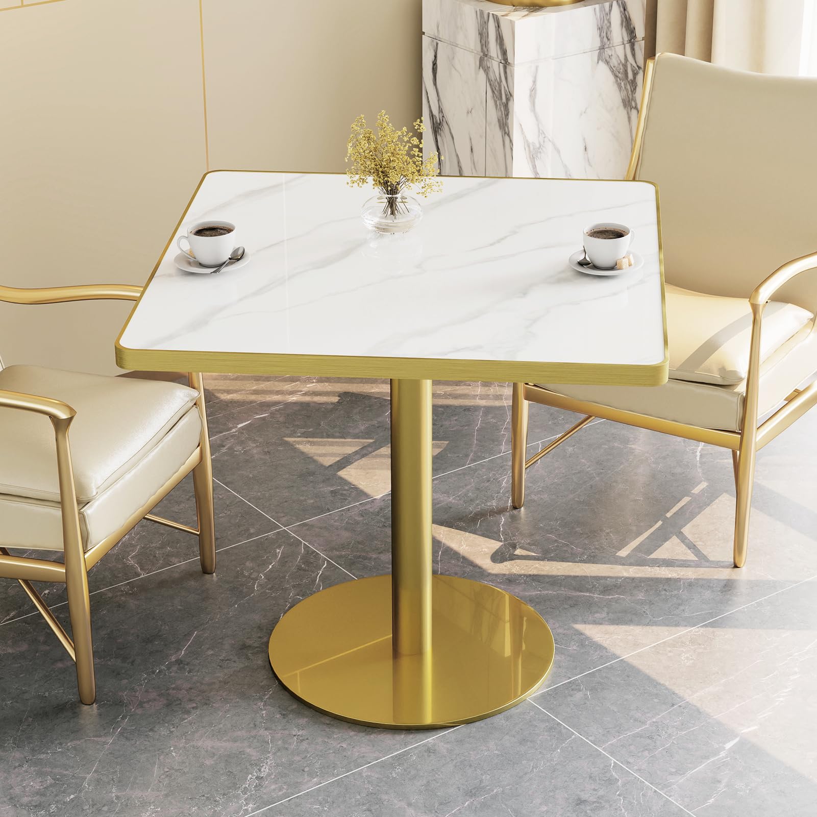 31.5" Square Tulip Table with Sintered Stone Tabletop, Gold Edge &amp; Pedestal