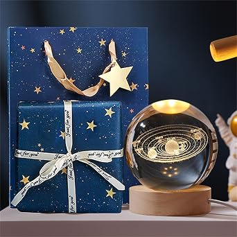 3D Crystal Ball,LED Night Light Solar System Crystal Ball with Wooden Base Galaxy Night Lights for Teens Boys and Girls Decorative Model (Moon,Medium)