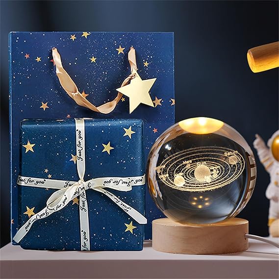 3D Crystal Ball,LED Night Light Solar System Crystal Ball with Wooden Base Galaxy Night Lights for Teens Boys and Girls Decorative Model (Moon,Medium)