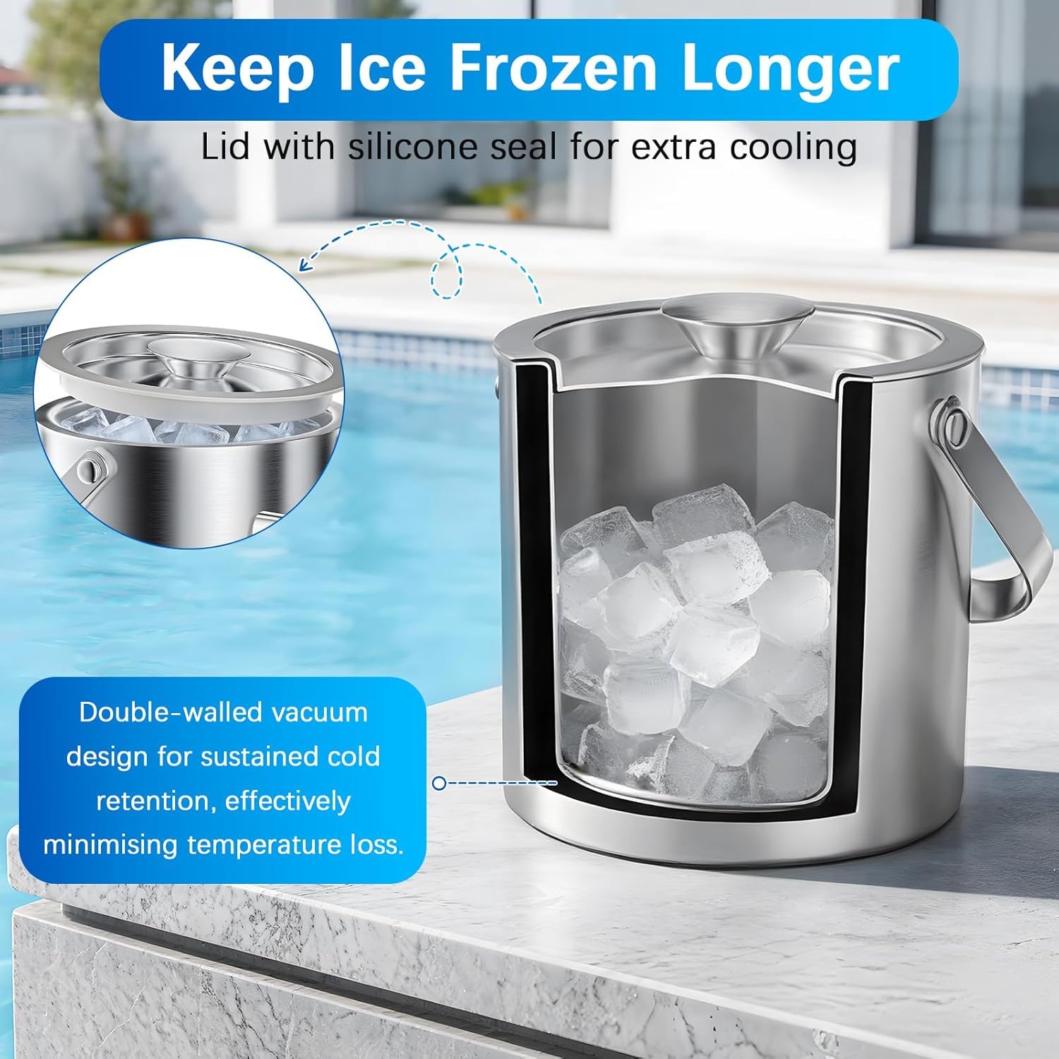 3L Eiskübel aus 304 Edelstahl mit Doppelwand, Deckel und Eiszange – ideal für Hausbars, Partys und Cocktail-Servieren (2L)