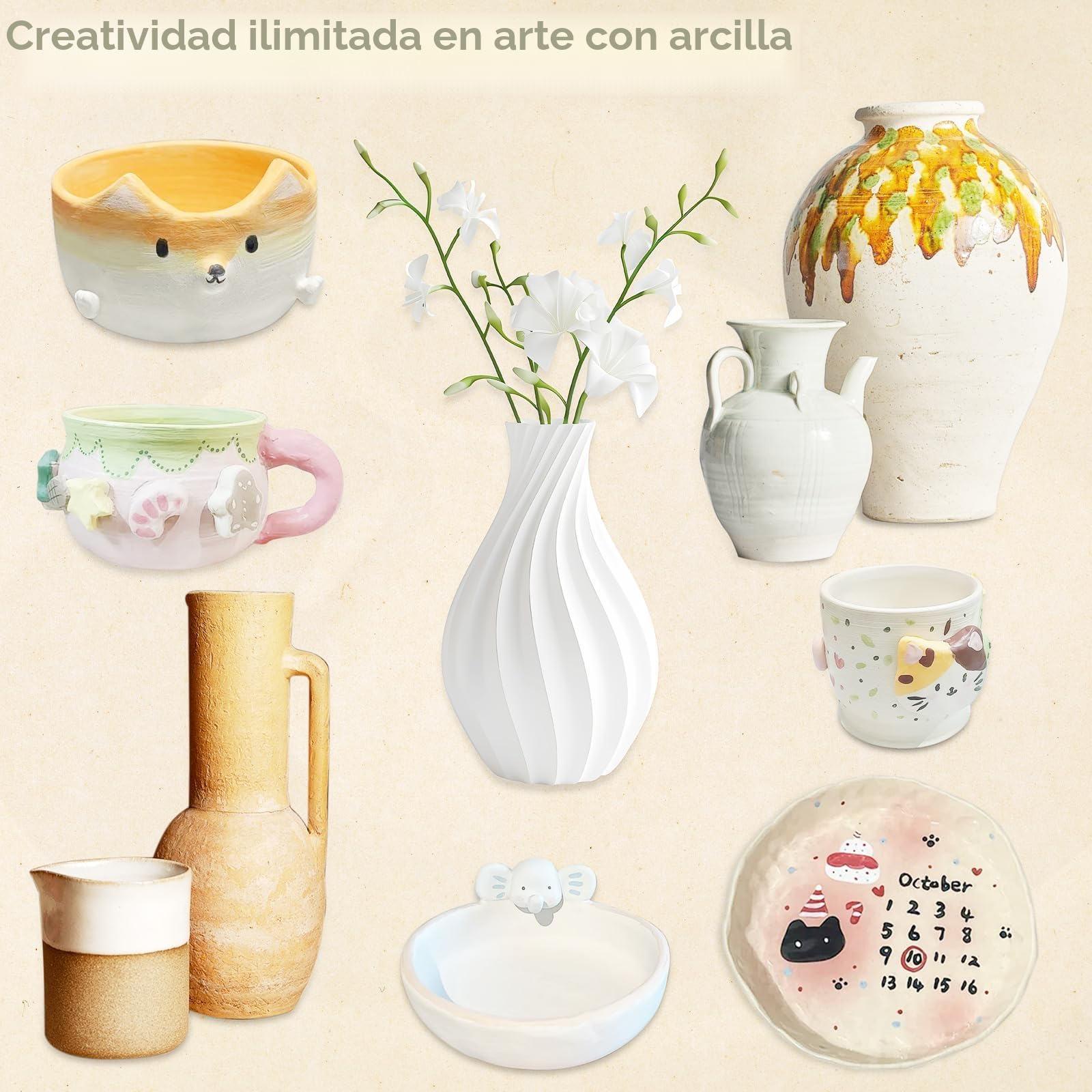 JelyArt Kit Arcilla Secado al Aire Ceramica Secado al Aire Kit Ceramica Principiante incluye: Cerámica Secado al Aire para Adultos, Herramientas, Pinturas, Pinceles, Guía Práctica