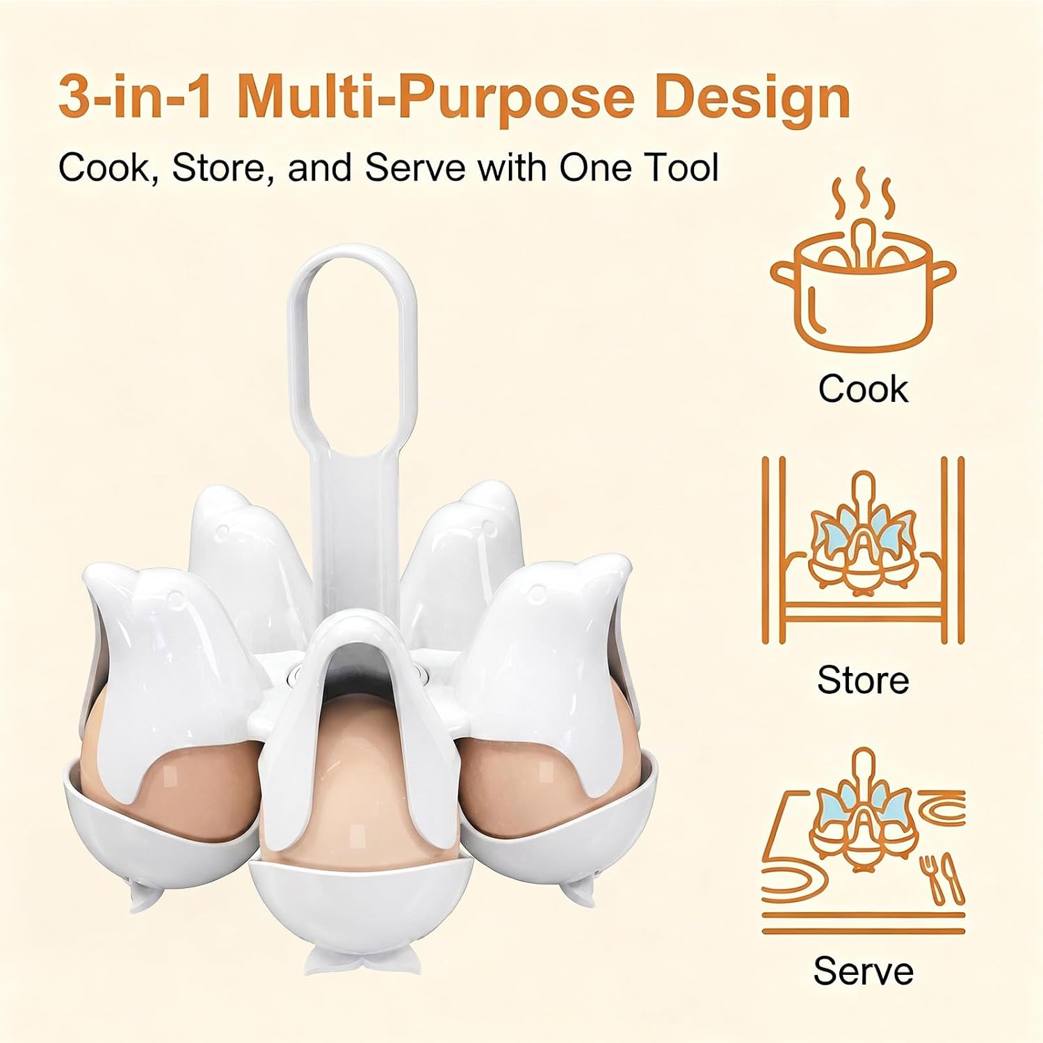 Asltw Dolphin Egg Holder Rack, 5 Egg Boiling Tray with Flip Top 10 Egg Storage, Heat Resistant Handle, Multi Purpose Egg Poacher for Cooking, Fridge Organizing & Serving (White)