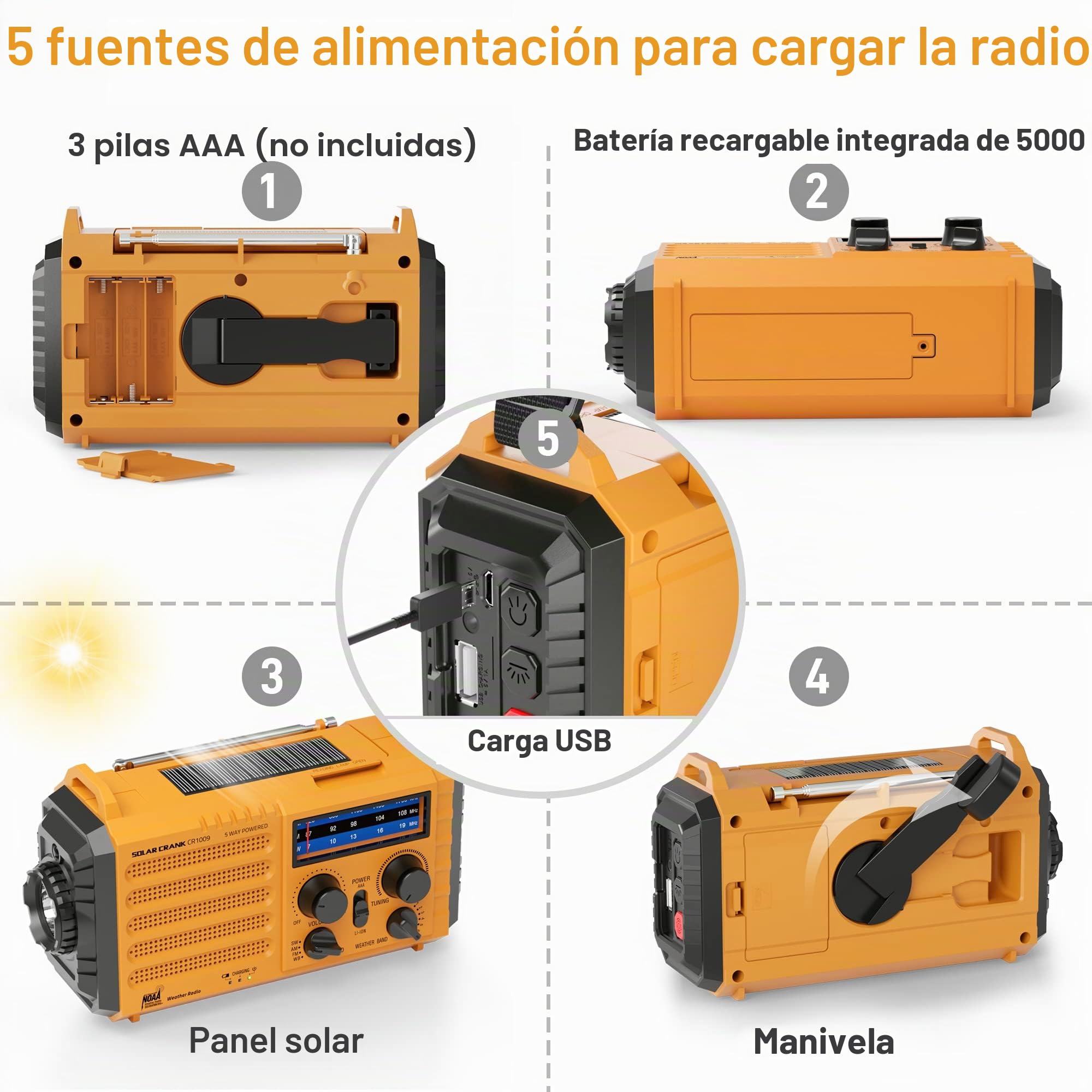 Radio de emergencia NOAA solar portátil, AM/FM, batería recargable, cargador USB, linterna, lámpara de lectura, alarma SOS