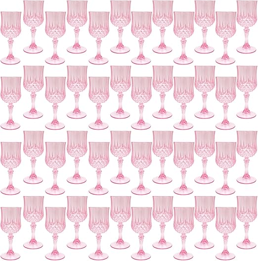 Plastic Wine Glasses,Plastic Goblets Vintage Style Cordial Drinking Glasses for Wedding Reception, Grand Event Party Supplies (48, Pink)