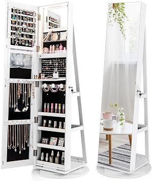 Lockable Full Length Mirror W/3-Color LED Lights, Storage Shelves, Inside Flip-Open Mirror, Standing Jewelry Cabinet for Bedroom