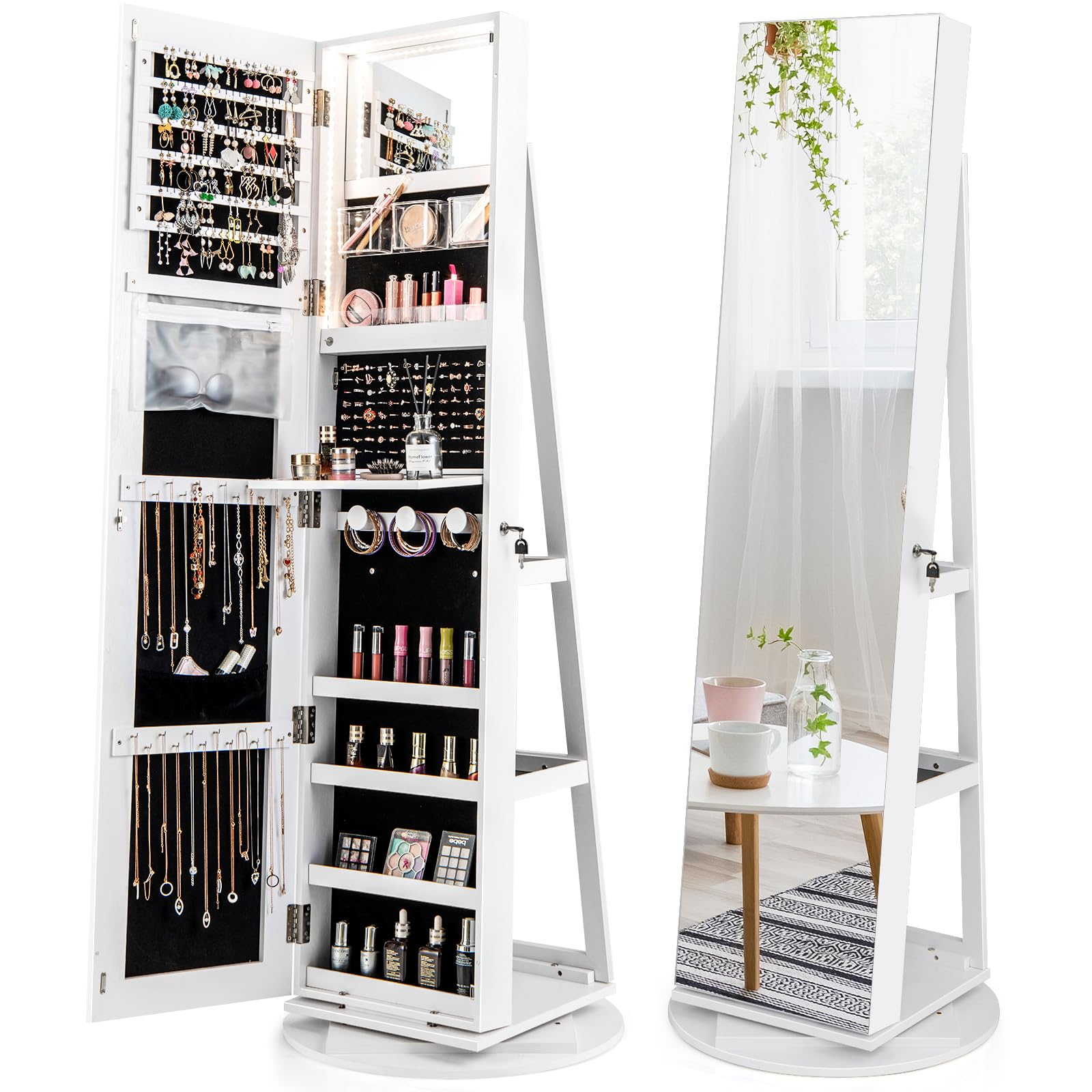 HAPPYGRILL 360° Jewelry Armoire w/Full Length Mirror, Jewelry Storage Organizer w/3-Color LED lights, Storage Shelves, Inside Flip-Open Mirror, Standing Jewelry Cabinet for Women Grils(White)