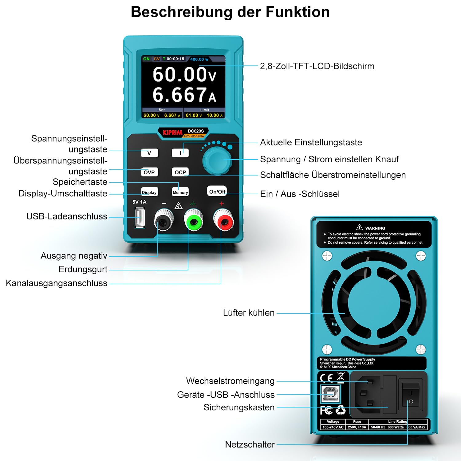 Kiprim Labornetzgerät Programmierbar, 0–60V 0–20A, max. 400W Ausgangsleistung, USB-Schnittstelle, Software auf USB-Stick, für Labor & Werkstatt DC620S