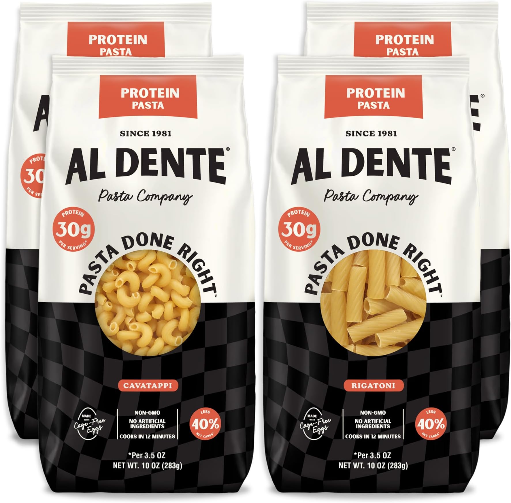 Carba-Nada Cavatappi & Rigatoni Variety 4-Pack, Artisanal Lower Carb Pasta, 16g High Protein, Non-GMO, Cage Free Eggs, Homemade Taste & Texture, (2 Bags of Each)