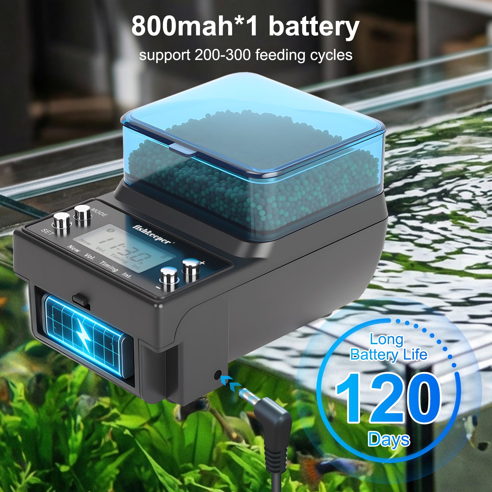 Fishkeeper Alimentador automático de peces recargable, 3 modos de alimentación, dispensador automático de acuario USB para pellets, copos de polvo, con pantalla LCD de batería de litio para vacaciones