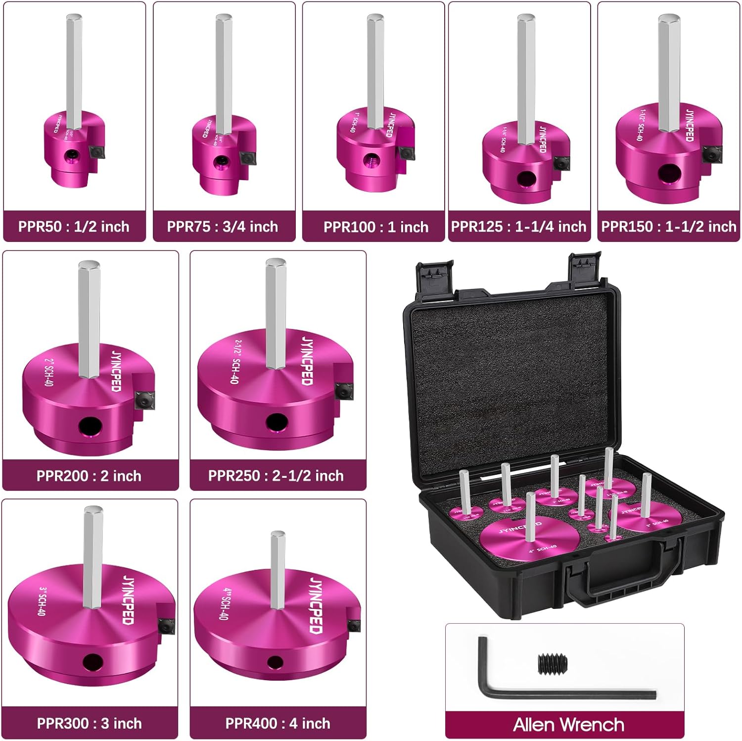 9 Pcs PVC Pipe Reamer Kit,PVC Fitting Saver Plastic Pipe Reamer Tool Kit,Hub Socket Saver Set for Plumbing,Includes 1/2" 3/4" 1" 1-1/2" 1-1/4" 2" 2-1/2" 3" 4" Reamers for Sch.40 CPVC ABS Fittings