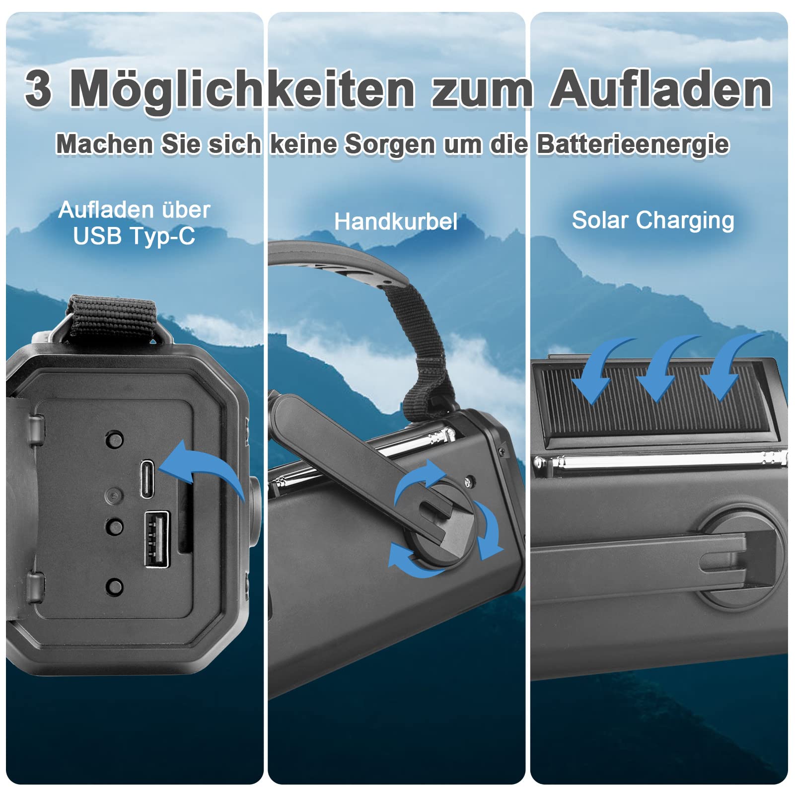 YIKANWEN Radio a ghirlanda con 20000 mAh batteria ricaricabile, radio solare portatile, radio di emergenza con dinamo AM/FM, power bank, lampada da campeggio LED, allarme SOS, bussola (nero)