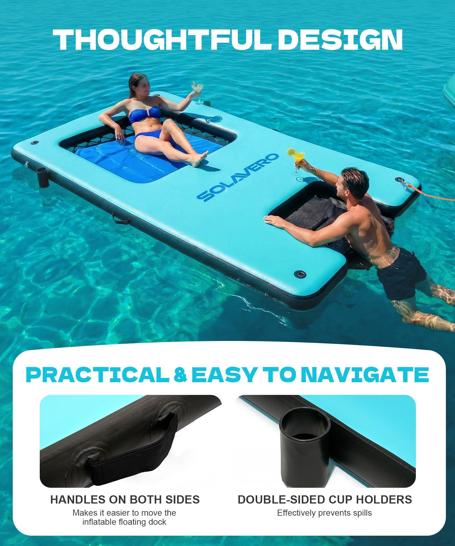 Condition photo showing New/Like New for solavero 10x6ft inflatable floating dock with mesh hammock & cup holders | non-slip water ramp platform for pool, lake, boat, adults & dogs, and summer parties