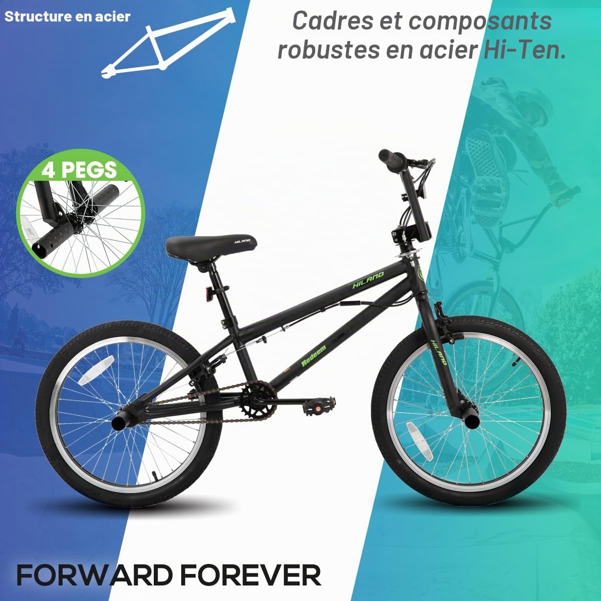 HILAND Vélo BMX Freestyle 20" avec 4 pegs, Roues et Direction rotative à 360°, pour Enfants et Adolescents à partir de 7 Ans, Noir, Vert, Rouge, Blanc