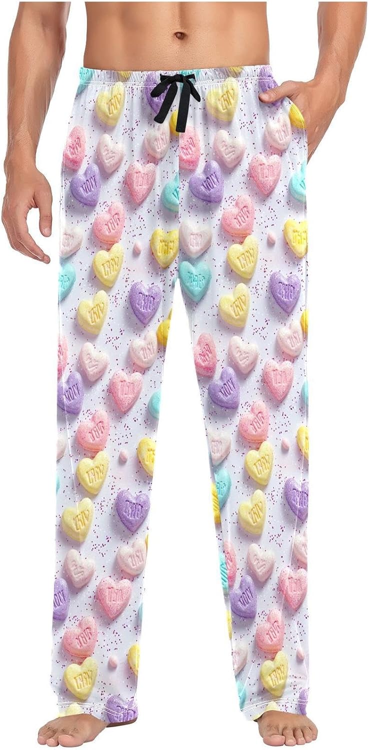 ZZKKO Pajamas Pants for Men Cute Hearts Candies Men's Pajama Cotton Sleep Pants Straight-Fit PJ Bottoms With Pockets Drawstring L