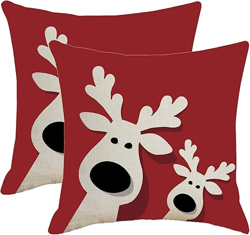 Juego de 2 fundas de almohada de Navidad de 18 x 18 pulgadas, diseño de ciervos de Navidad con alce rojo, fundas decorativas para cojín de invierno