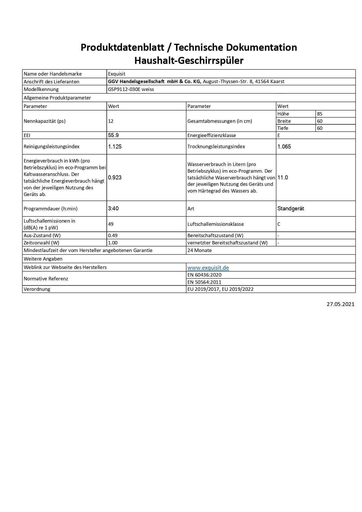 Exquisit Lavastoviglie GSP9112-030E Bianco | Lavastoviglie 60 cm autoportante e sottopiano | Unità da pavimento | 12 soffitti su misura | Bianco
