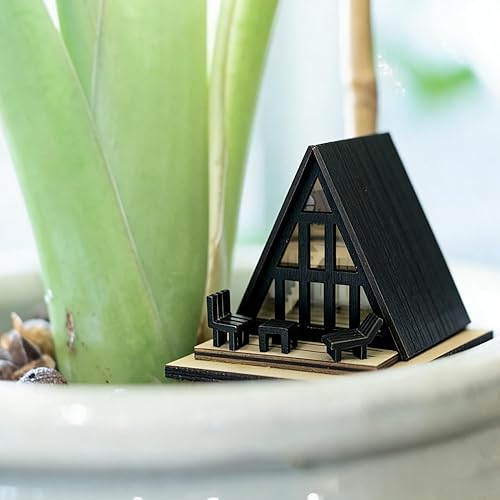 Modern Black A-Frame Mini Cabin with Removable Roof, Plant Mini Treehouse – Miniature Treehouse for Fairy Gardens, Plant Pots & Desktop Décor