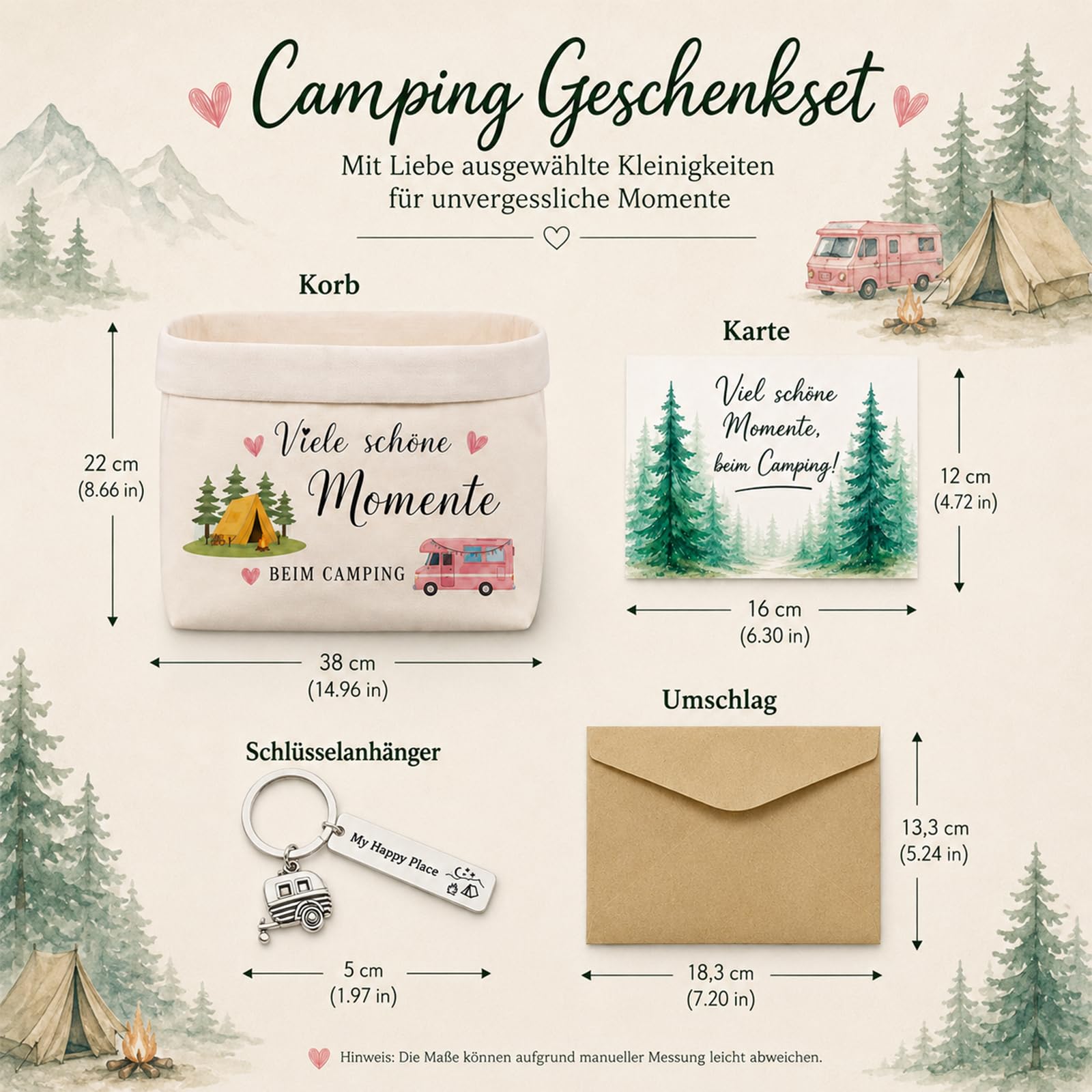 Camping Geschenke Set 4-Teilig, Camper Geschenke Brotkorb Stoff Mit Karte, Schlüsselanhänger Und Umschlag, Wohnwagen Deko Picknick Tasche, Wohnmobil Gadgets Für Frauen Männer