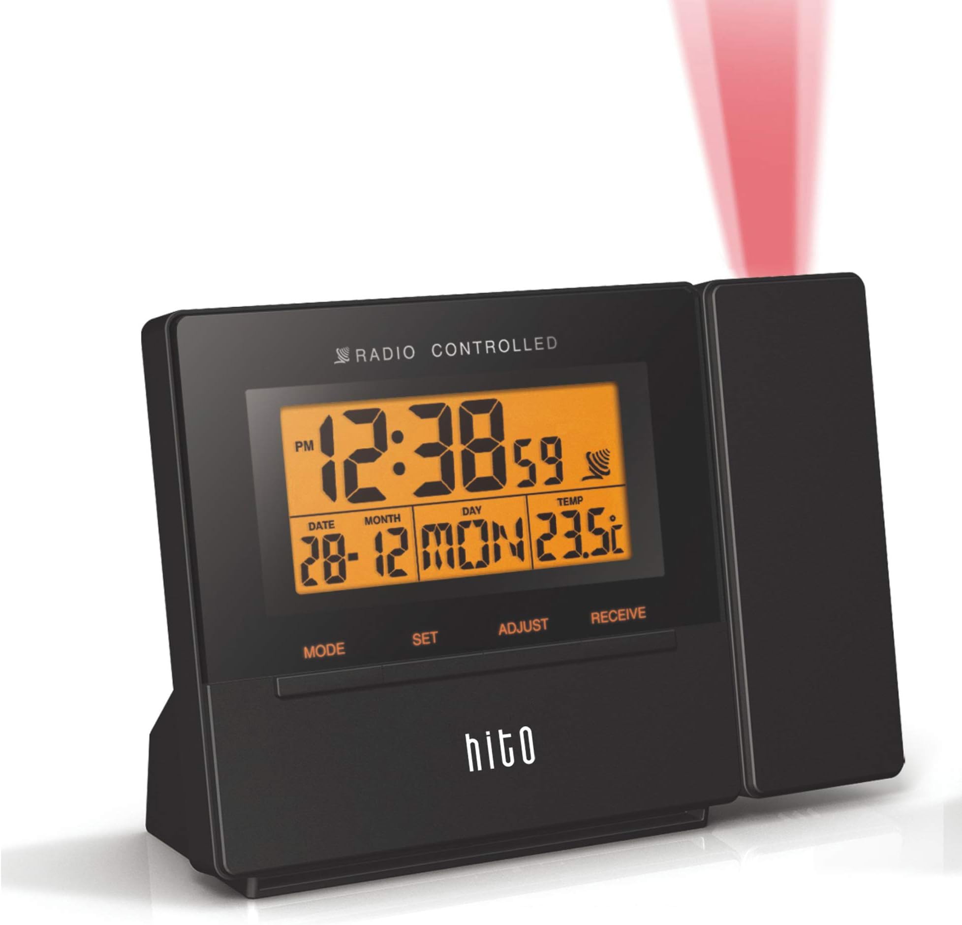 HITO Atomic Radio Controlled Projection Alarm Clock w/Date, Temperature, Week, Alarm Status, Backlight -mains powered/battery operated