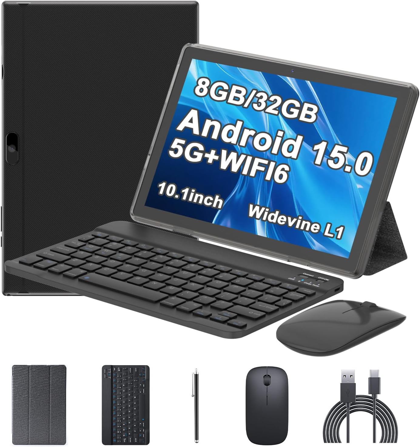 Android 15 Tablet, 10 Inch 8GB RAM+32GB ROM+1TB Expand, 1.8Ghz Quad-core Processor, 2 in 1 Tablets with Keyboard/ Mouse/ Case/ Stylus, 8MP Camera, 6000mAh Battery, 1280*800 HD Screen, 5G WiFi 6 Tablet