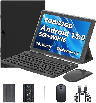 Android 15 Tablet, 10 Inch 8GB RAM+32GB ROM+1TB Expand, 1.8Ghz Quad-core Processor, 2 in 1 Tablets with Keyboard/ Mouse/ Case/ Stylus, 8MP Camera, 6000mAh Battery, 1280*800 HD Screen, 5G WiFi 6 Tablet