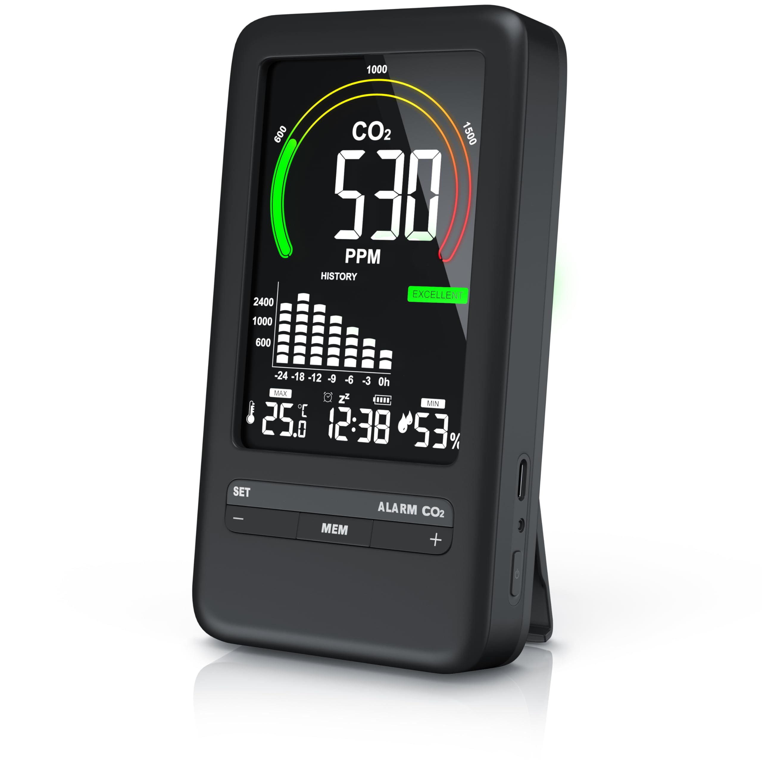 Brandson CO2 Melder Messgerät Kohlendioxidmessung PPM mit Akku 2000 mAh Alarm Wecker Schlummerfunktion Temperatur Uhrzeit Luftfeuchtigkeit schwarz