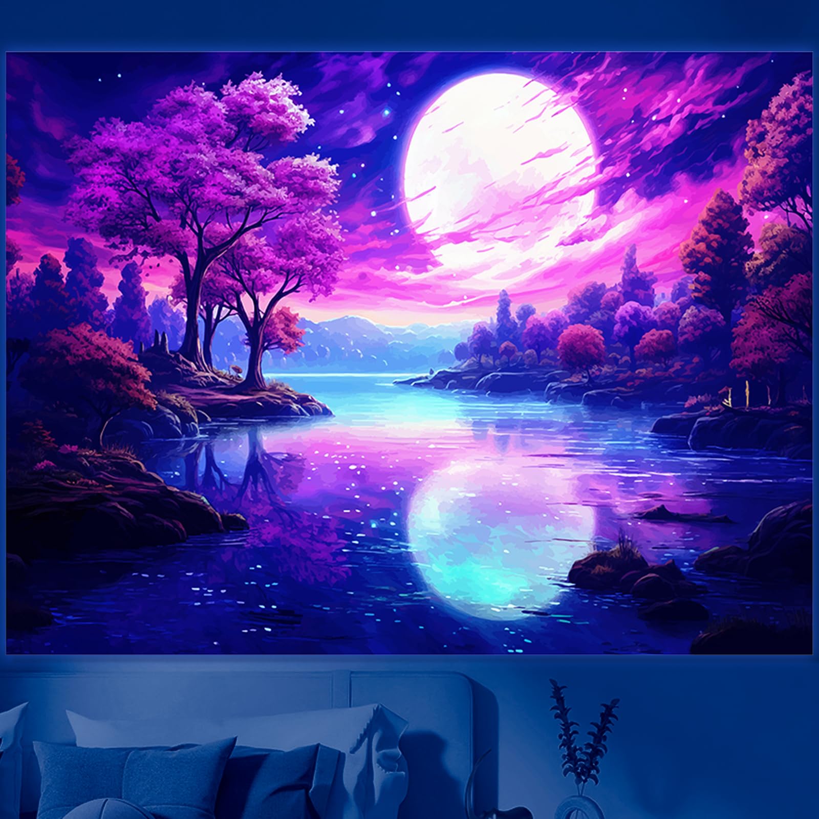 Schwarzlicht Wandteppich Rosa – UV-reaktive Berglandschaft, 101x152 Cm, Für Zimmerdeko, Schlafzimmer & Wohnzimmer