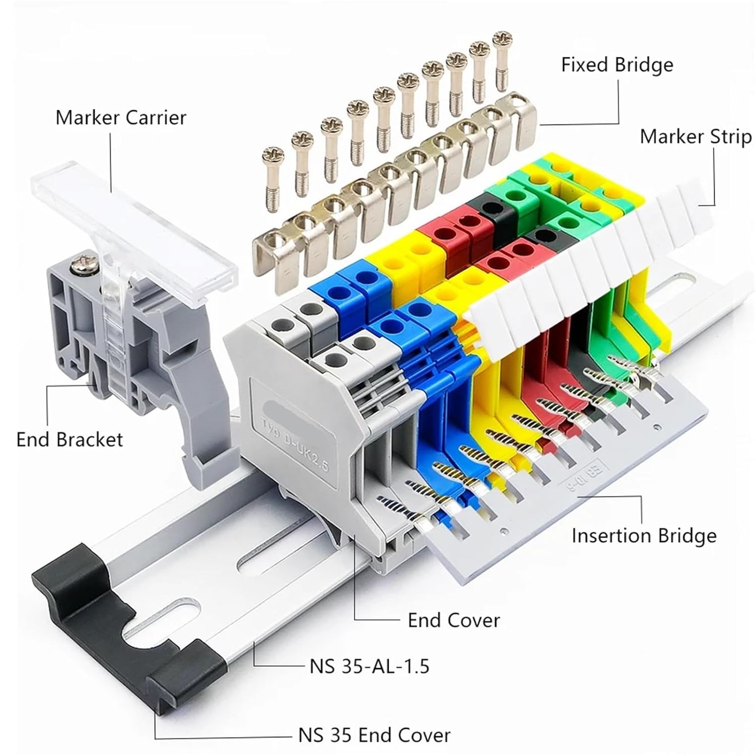 10Pcs Din Rail Terminal Block UK-2.5B Wire Electrical Conductor Universal Connector Screw Connection Terminal Strip Block UK2.5B(Yellow)