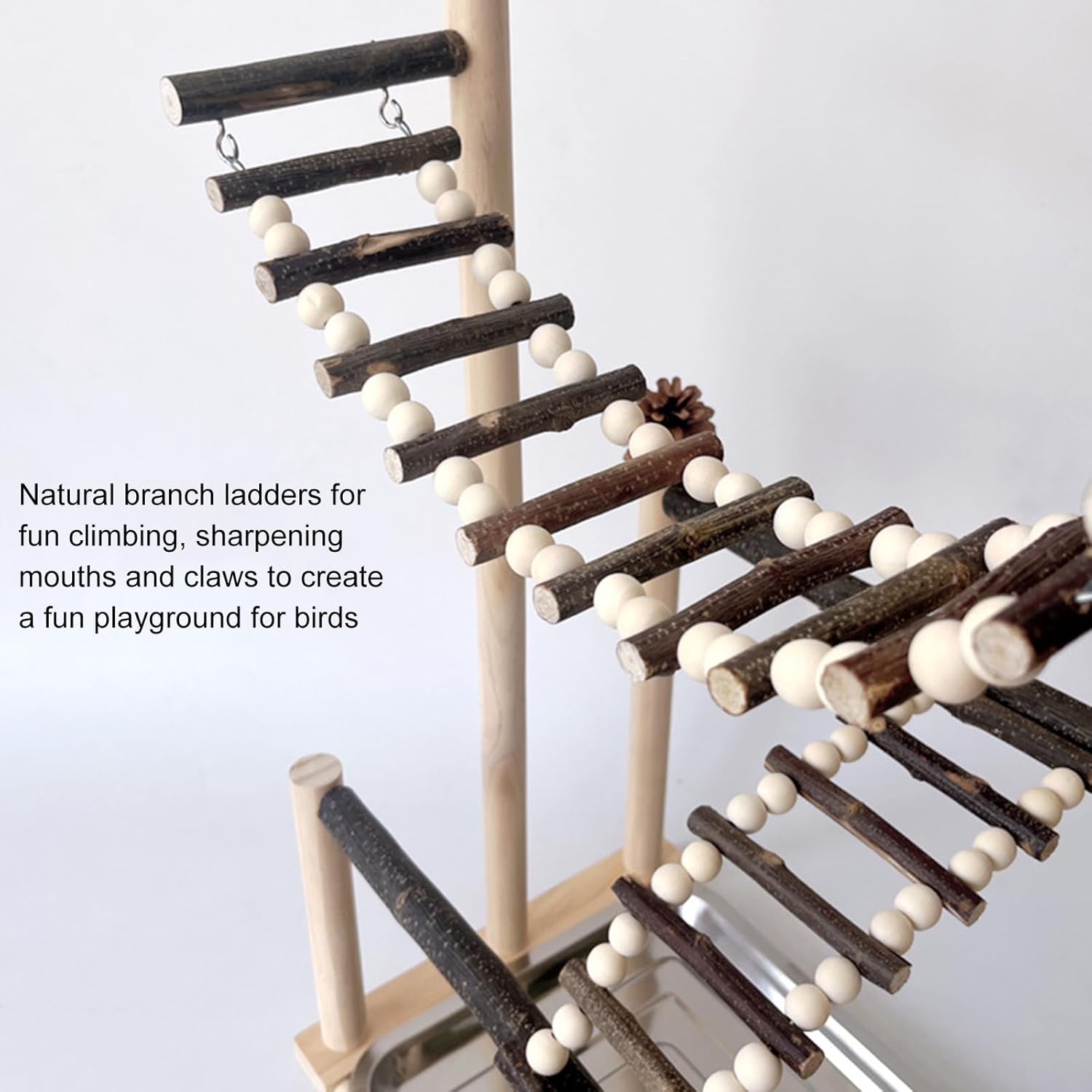 Rotating Perch Climbing Ladder Play Center Detachable Tray Feeding Cups Wood Swing for Avian Exercise Large Training Stand