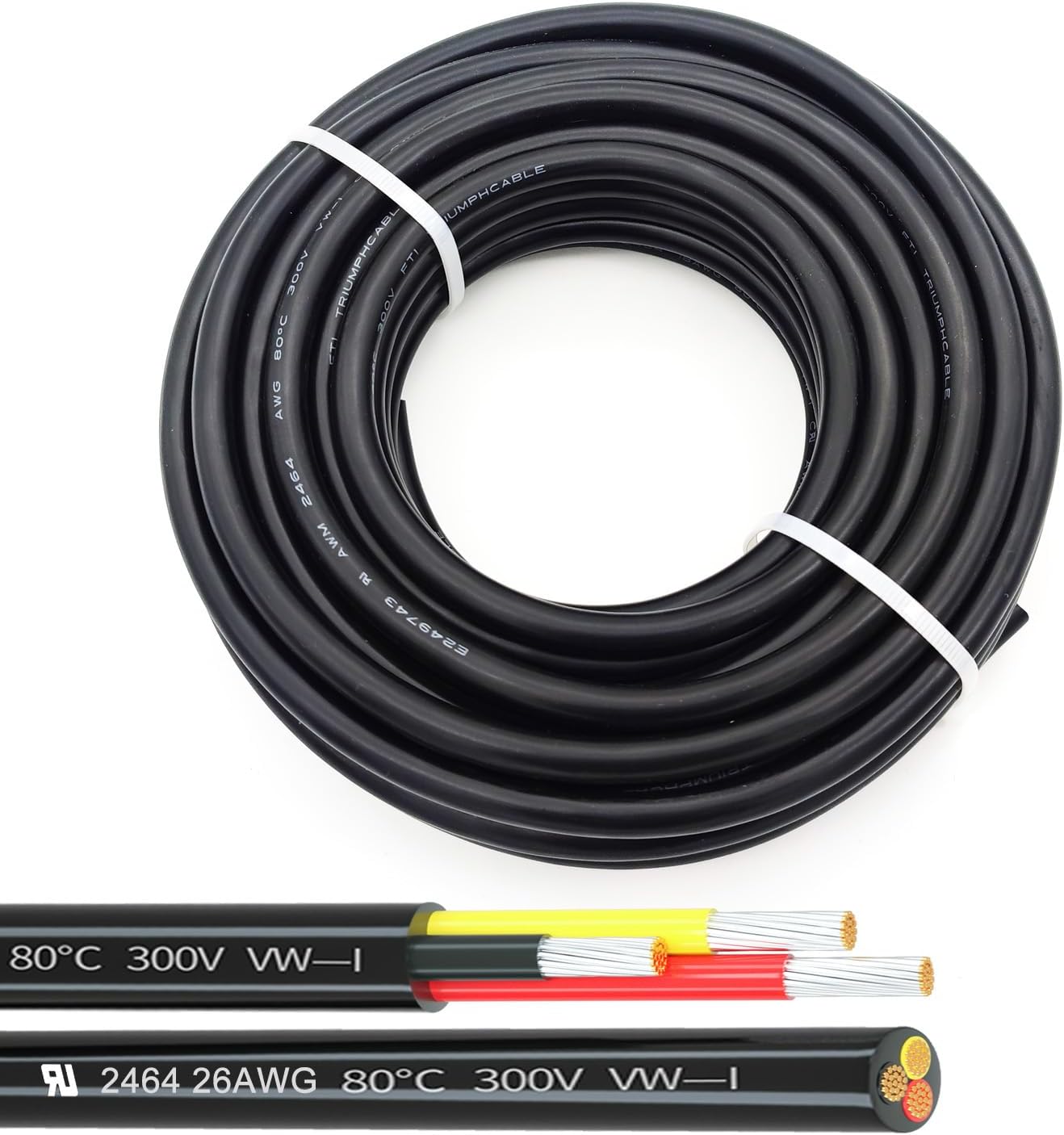 26AWG UL2464 Power Cable Flexible Stranded Electrical Wire LED Red & Black & Yellow 3 Conductors 25ft tinned Copper