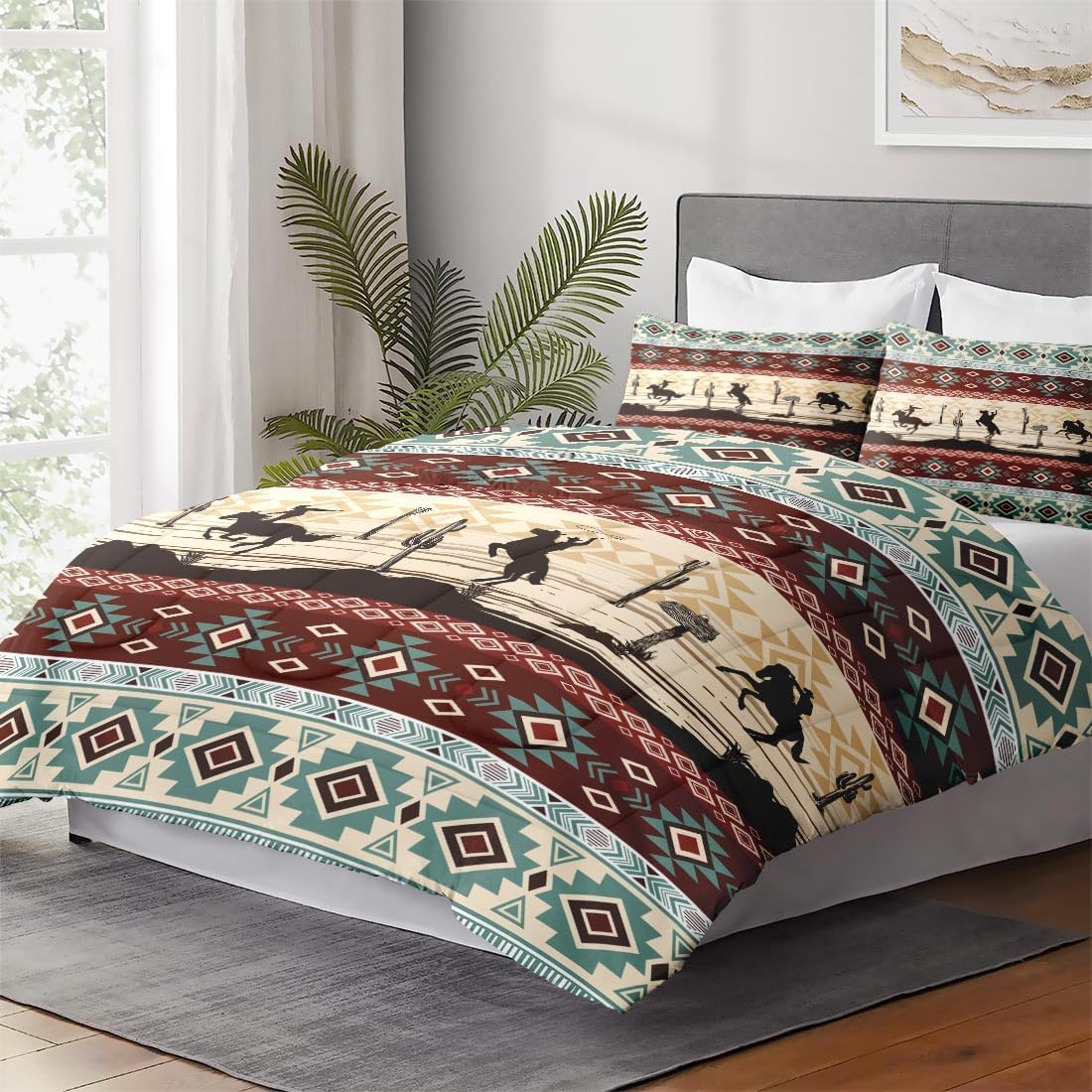 King Size Comforter Set with 2 Pillowcases, Tribal Cowboy Horses 3 Pcs Bedding for Kids and Adults, Retro Vintage Western Soft Comforter Set for Bedroom Bed Decor - Image 4