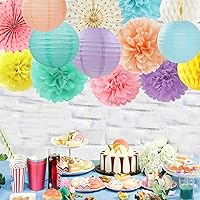 Vista 2 de Serpentinas de Decoraciones de Fiesta Arcoíris Pastel - 14 piezas Suministros de Cumpleaños para Niños y Niñas, Abanicos de Linternas de Papel Rosa