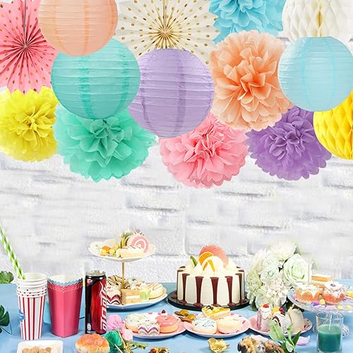 Miniatura 2 de Serpentinas de decoración de fiesta de arcoíris pastel, 14 piezas de suministros de cumpleaños para niños y niñas, abanicos de linternas de papel