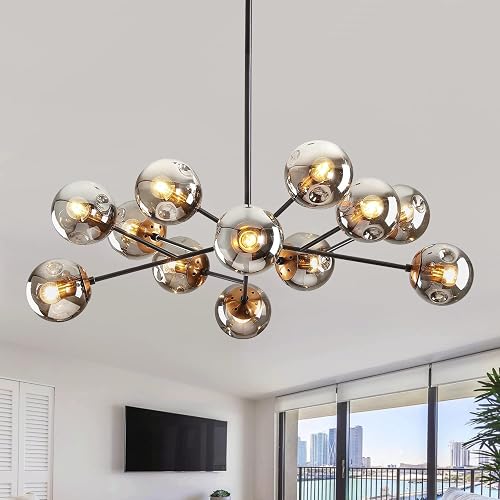 DDLLDESHI Modern Black Chandelier Sputnik Ceiling Light Fixture with 12 Globe Glass Shade Chandeliers for Dining Room Farmhouse Kitchen Living Room Bedroom Office（34" Large Chandelier）