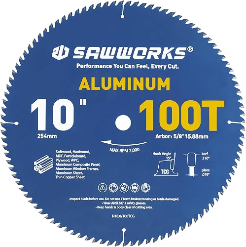 SawWorks 10 Inch 100T Circular Saw Blade Aluminum Cutting Non-Ferrous | TCG for thin aluminum, plastic, composite & more. Fine finish blade, fits most 5/8" Arbor table saws.