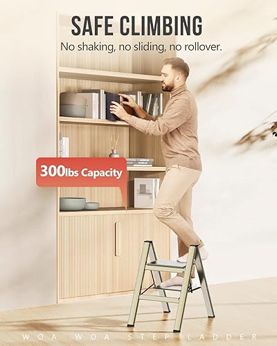 Miniatura 4 de Escalera de 2 escalones, taburete ligero para adultos, escalera plegable portátil con pedal ancho antideslizante, escaleras de aluminio para