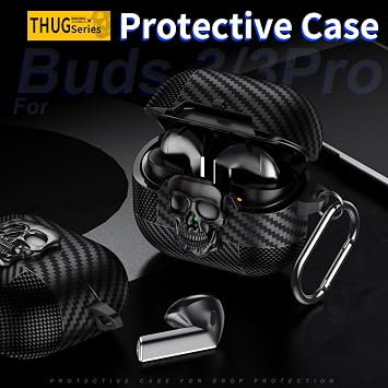 Samsung Galaxy Buds 3 FE/Buds 3 Pro/Buds 3 Kılıf Kapak Kafatası Kilitli ve Anahtarlıklı Erkekler için, Komik Karbon Fiber Darbeye Dayanıklı Sert Kabuk İskelet Kapak Galaxy Buds 3 Pro için