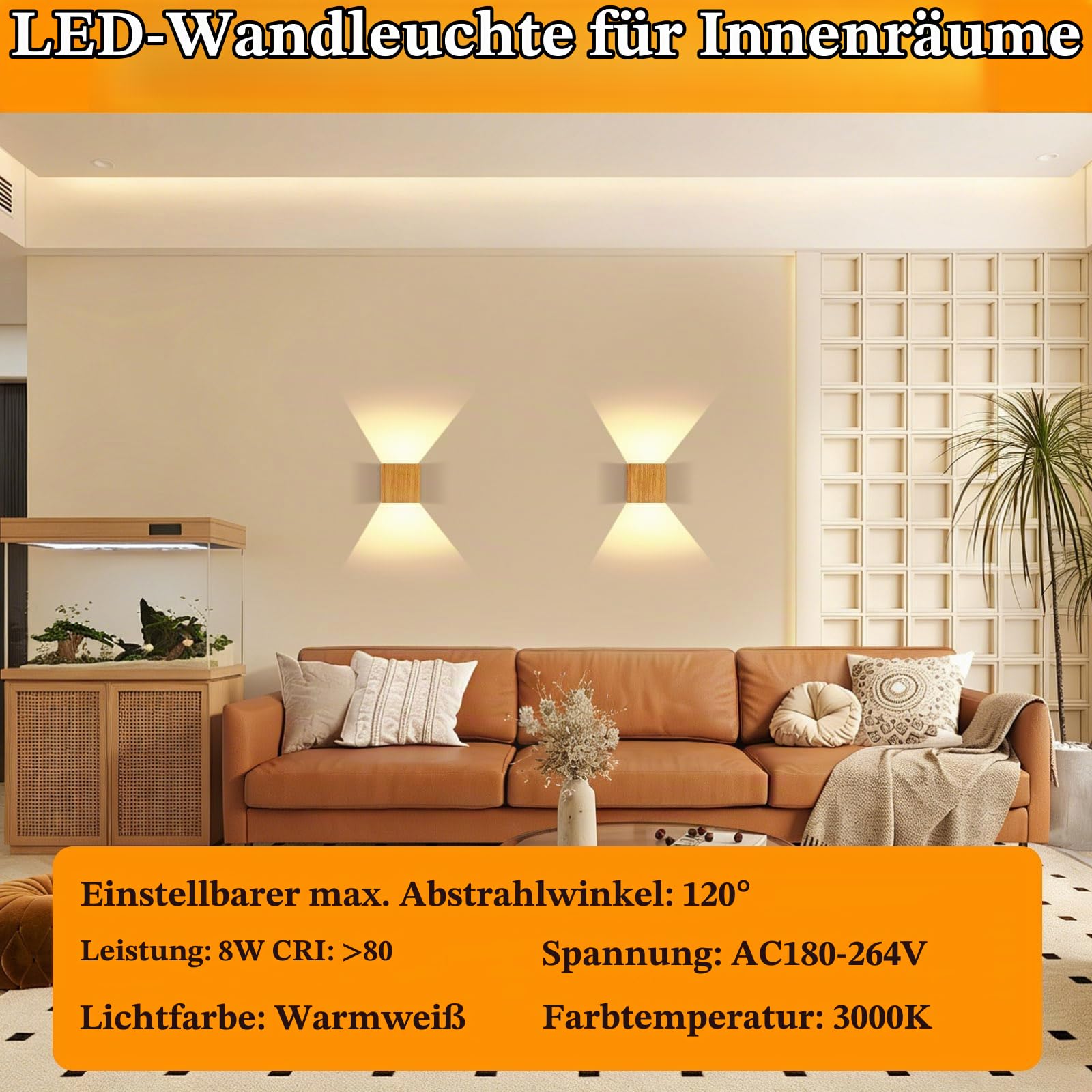 2 Stück Wandlampe Holz LED Wandleuchte Innen Vintage 8W Warmweiß 3000K | Einstellbar Abstrahlwinkel Up & Down Leuchten Wandbeleuchtung Wandlichter für Wohnzimmer Flur Treppenhaus Schlafzimmer