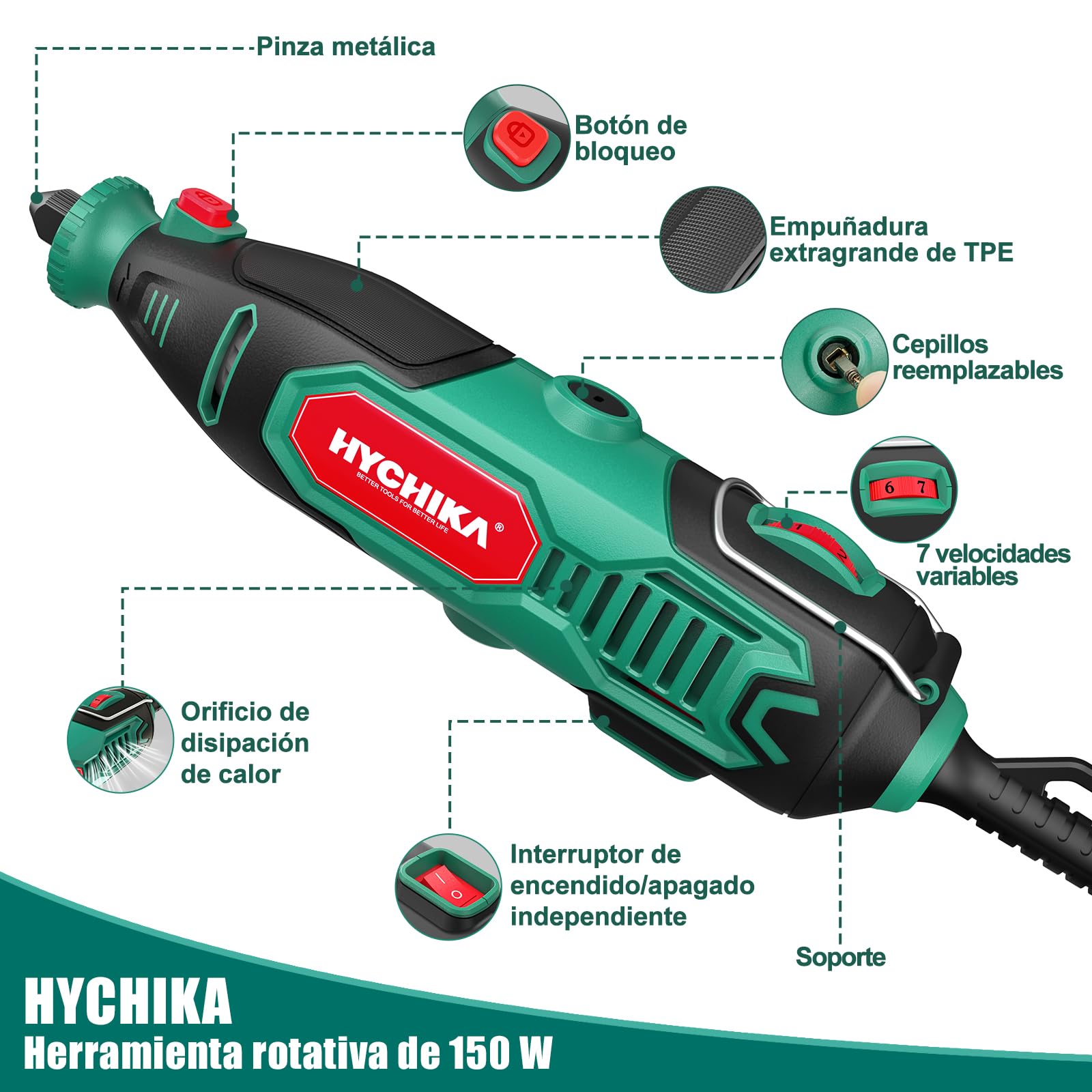 HYCHIKA Herramienta Rotativa 150W con afilador de motosierra. 7 velocidades 10 000-33 000 RPM.167 accesorios para lijar, pulir, cortar, taladrar y grabar