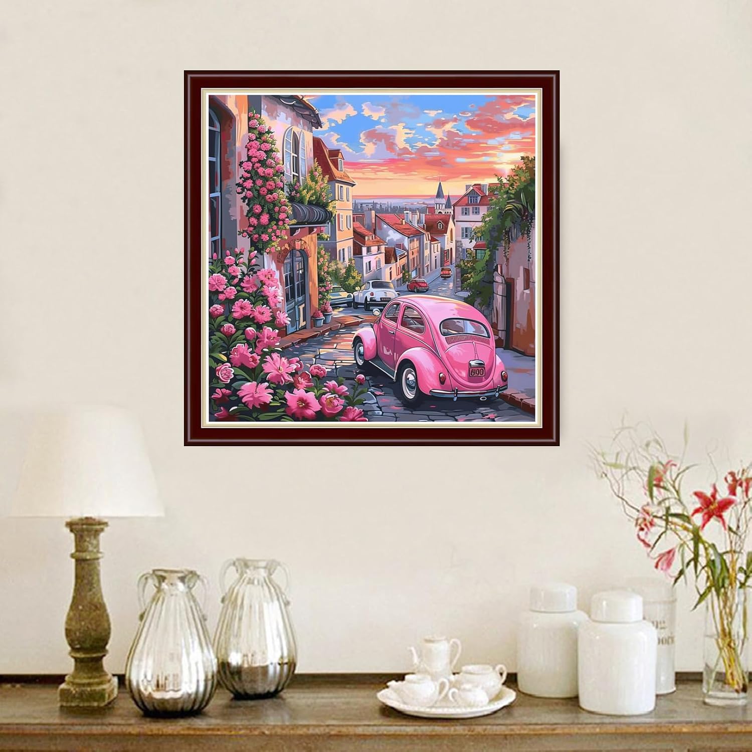 Dimxvean Stamped Cross Stitch Kits,Cross Stitch Kits for Adults Beginners,Embroidery Kits Full Range of Cross Stitch Stamped Kits Needlepoint Kits Cross Stitch Patterns-Street Flowers Cars 18x18 inch